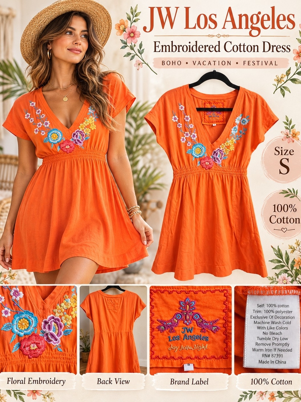 Johnny Was JW Los Angeles Orange Floral Embroidered Cotton Dress S